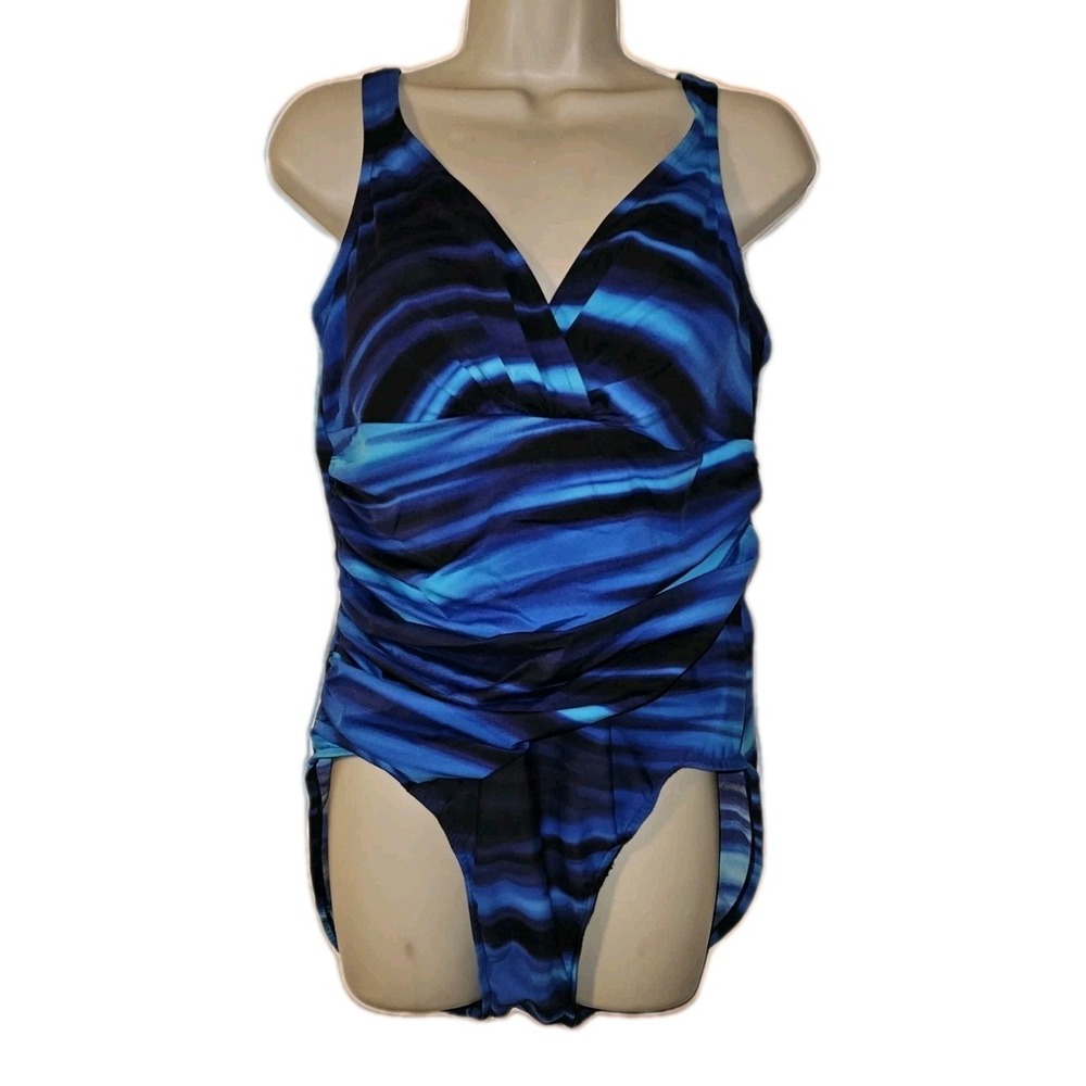 TrimShaper Womens‎ One Piece Swimsuit Blue Teal & Black Striped Plus Size 18